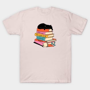 Books and Plant Black Cat in pink T-Shirt